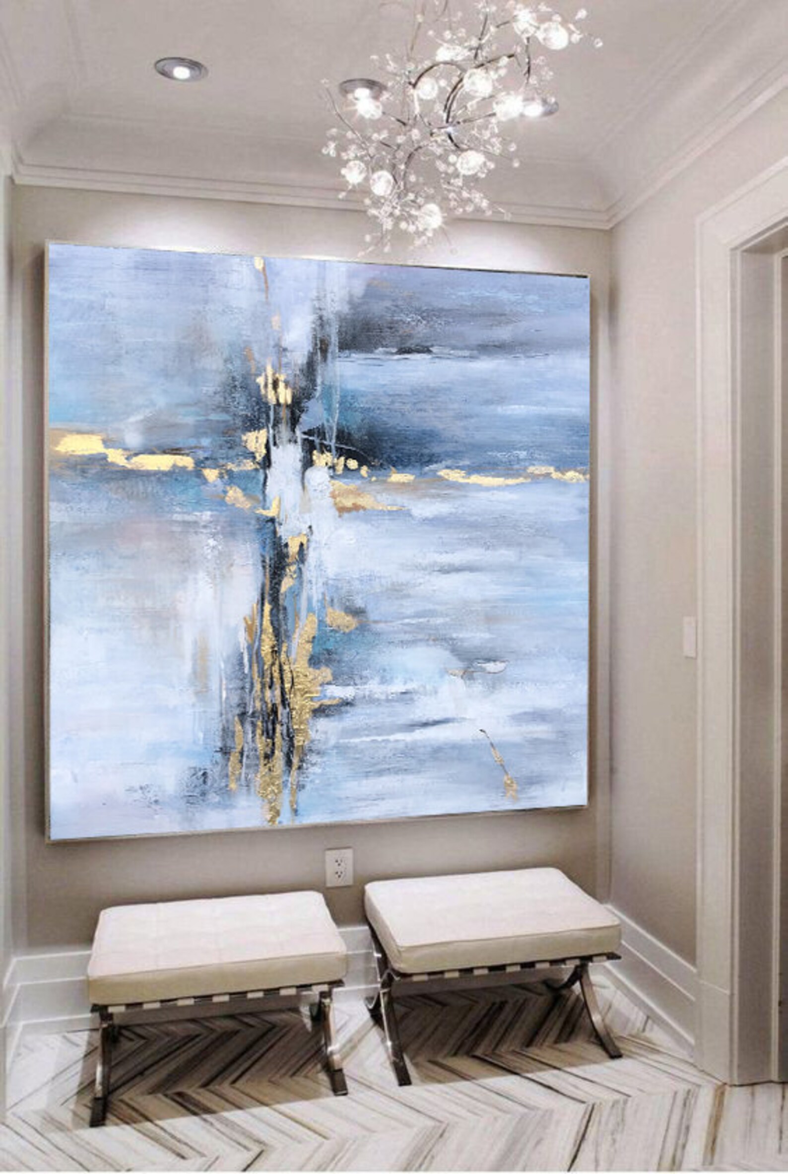 Large blue Abstract Wall Art Gold Original Abstract Painting Etsy