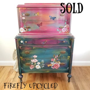 Painted Vintage Dresser, SOLD Bohemian Blue Floral Painted Dresser Chest of Drawers, Firefly Upcycled, Painted Furniture in Maryland
