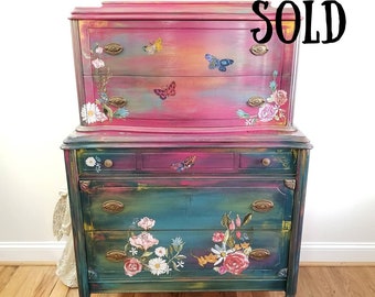 Painted Vintage Dresser, SOLD Bohemian Blue Floral Painted Dresser Chest of Drawers, Firefly Upcycled, Painted Furniture in Maryland