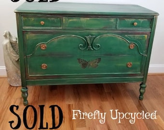 SOLD Butterfly Painted Dresser SOLD, Upcycled Vintage Furniture, Painted Butterfly Chest of Drawers,  Firefly Upcycled, Butterfly Boho Decor