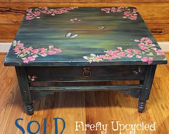 SOLD - Floral Painted Bohemian Blue Coffee Table, Vintage Upcycled Furniture, Firefly Upcycled, Custom Painted Furniture