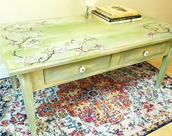 SOLD - Floral Painted Coffee Table, Vintage Upcycled Furniture, Firefly Upcycled, Custom Painted Vintage Antique Furniture