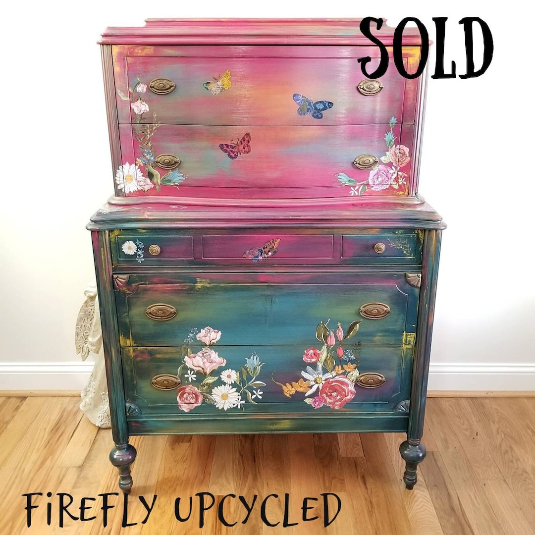 Painted Vintage Dresser SOLD Bohemian Blue Floral Painted Dresser Chest of Drawers Firefly Upcycled Painted Furniture in Maryland Etsy UK