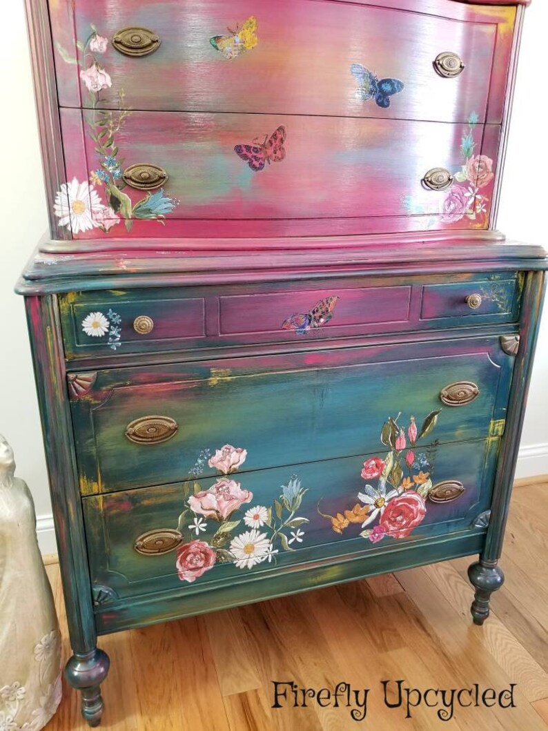 Painted Vintage Dresser SOLD Bohemian Blue Floral Painted Etsy Canada