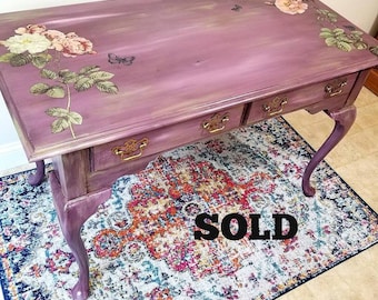 SOLD - Floral Painted Desk, Vintage Upcycled Furniture, Firefly Upcycled, Custom Painted Vintage Antique Furniture