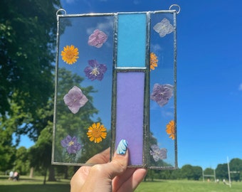 Summer Stained Glass Window Wall Hangings Pressed Flowers Suncatcher Glass Pastel Panel
