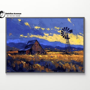 May include: A painting of a rustic barn and a windmill in a field. The sky is blue with yellow clouds. The barn is brown and the windmill is black. The field is yellow and green.