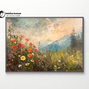 Peut inclure: Une peinture représentant un champ de fleurs sauvages devant une chaîne de montagnes. Le ciel est bleu clair avec des nuages blancs. Les fleurs sont rouges, jaunes et roses. Les montagnes sont bleues et vertes.