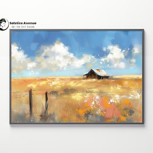 Olieverfschilderij Landschap Print Landschap Muurkunst Eenzaam Huis Uitgestrekte Weide Zonnig Landschap Landhuis Kunst Serene Veldboerderij Wilde Prairie