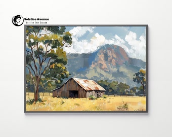 Oil Painting Landscape Print Landscape Wall Art Majestic mountain Art Rustic Homestead Sky Farm Print Nature Wild Landscape Mountain Range