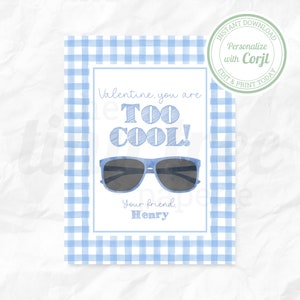 Too Cool Valentine's Day Card for Sunglasses | Tag | Corjl | Blue | Slap Bracelet | Custom | Digital | Printable | Editable | Personalized