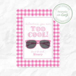 Too Cool Valentine's Day Card for Sunglasses | Tag | Corjl | Pink | Slap Bracelet | Custom | Digital | Printable | Editable | Personalized