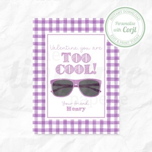 Too Cool Valentine's Day Card for Sunglasses | Tag | Corjl | Purple | Slap Bracelet | Custom | Digital | Printable | Editable | Personalized