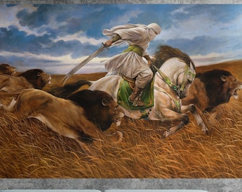 Imam Ali con leones, pancarta de alta calidad, ya Ali, arte mural chiíta, pancarta mural chiíta, retrato del Imam Ali, arte del Imam Ali, Zulfikar, Eid al-Ghadir