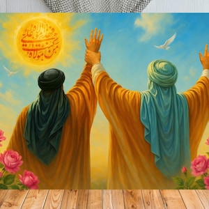 Può includere: Un dipinto artistico raffigura due figure in abiti fluenti con le braccia alzate verso un sole radioso. Le figure sono ambientate su uno sfondo di cielo blu con colombe e rose rosa. L'opera presenta calligrafia araba.