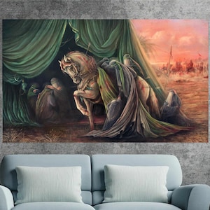 Ya Hussain, Hazrat Ruqayyah with imam hussain zuljanah(horse), hazrat sakina banner, Muharram, Shia Islamic, Karbala,Ashura,sakina,Zuljanah