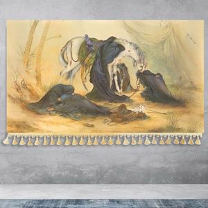 Ya Hussain, Hazrat Ruqayyah with imam hussain zuljanah(horse), hazrat sakina banner, Muharram, Shia Islamic, Karbala,Ashura,sakina,Zuljanah