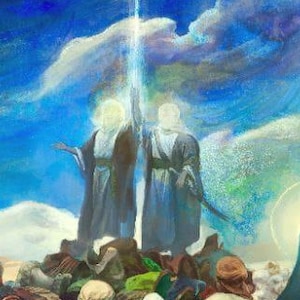 Può includere: Un dipinto raffigurante una grande folla di persone in un paesaggio desertico. Figure in abiti e copricapi sono riunite sotto un baldacchino a strisce e di fronte a una luce brillante nel cielo. La scena è dipinta con colori vivaci.