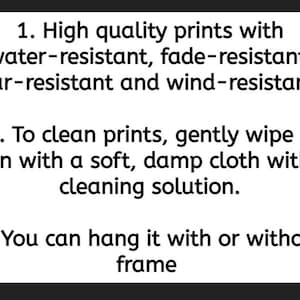 May include: Instructions for caring for high quality prints. The prints are water-resistant, fade-resistant, tear-resistant, and wind-resistant. To clean, gently wipe with a soft, damp cloth. You can hang the print with or without a frame.