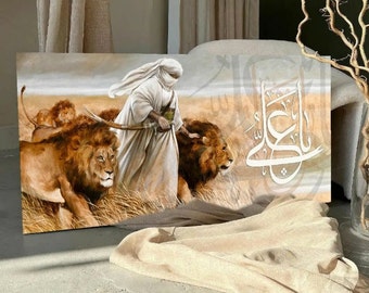 Imam Ali con leones, pancarta de alta calidad, ya Ali, arte mural chiíta, pancarta mural chiíta, retrato del Imam Ali, arte del Imam Ali, Zulfikar, Eid al-Ghadir