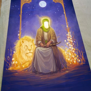 imam Ali with lions high quality banner, ya Ali, shia wall art, shia wall banner, imam ali portrait, imam ali art, Zulfikar ,eid e ghadir