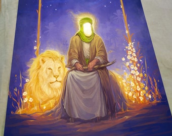 imam Ali con leoni, striscione di alta qualità, ya Ali, arte murale sciita, striscione murale sciita, ritratto dell'imam Ali, arte dell'imam Ali, Zulfikar, eid e ghadir