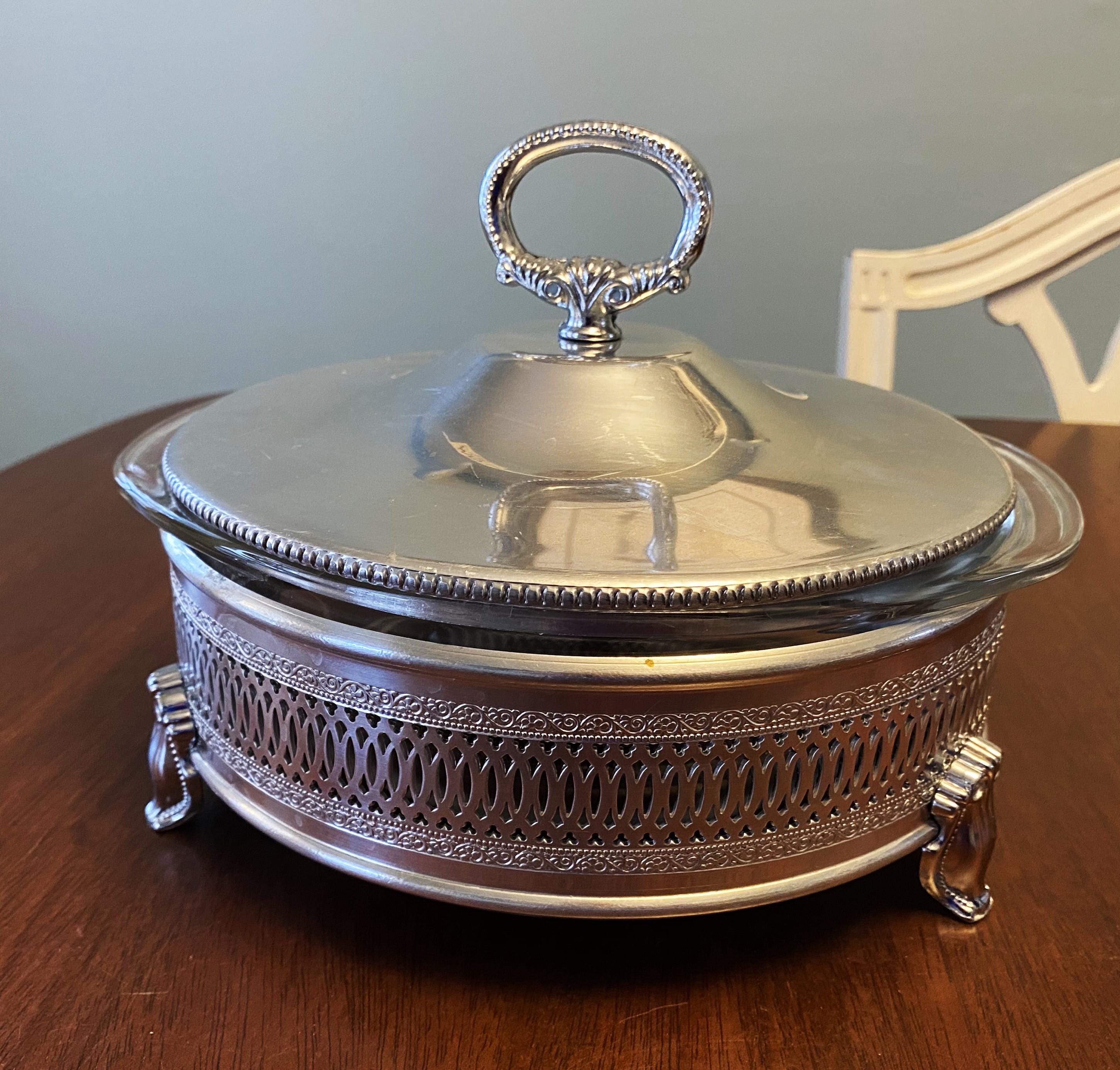 Vintage Pyrex #023 Clear Glass Casserole Dish With Silver Cradle
