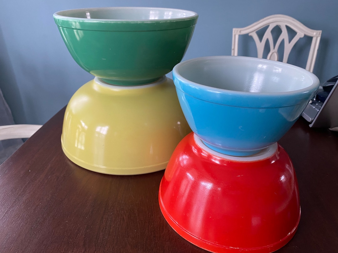 【1940s- USA vintage】PYREX MIXING BOWL SET OF 4 VTG 1940's EARLY PYREX MIXING NESTING BOWLS PRIMARY