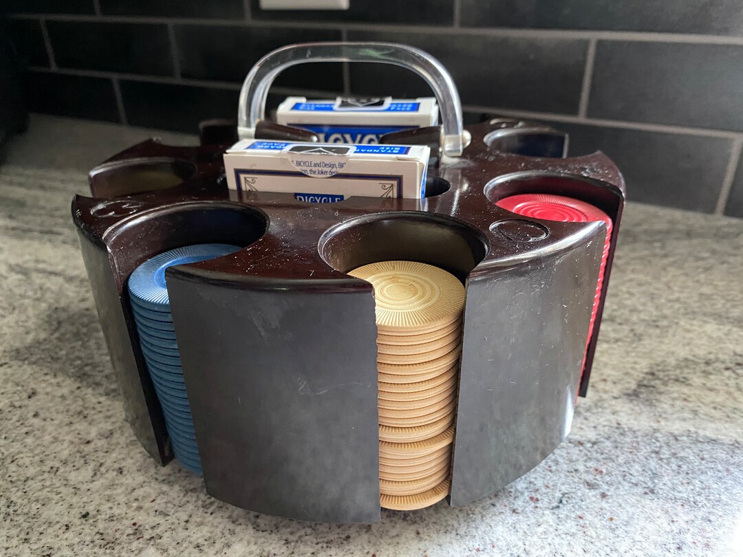 Poker Chip Caddy With Chips and Playing Cards, Revolving Poker Chip