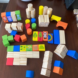Vintage Colorful Wood Building Blocks - Over 60 Blocks, Colored and Natural Wood Building Blocks  #6610