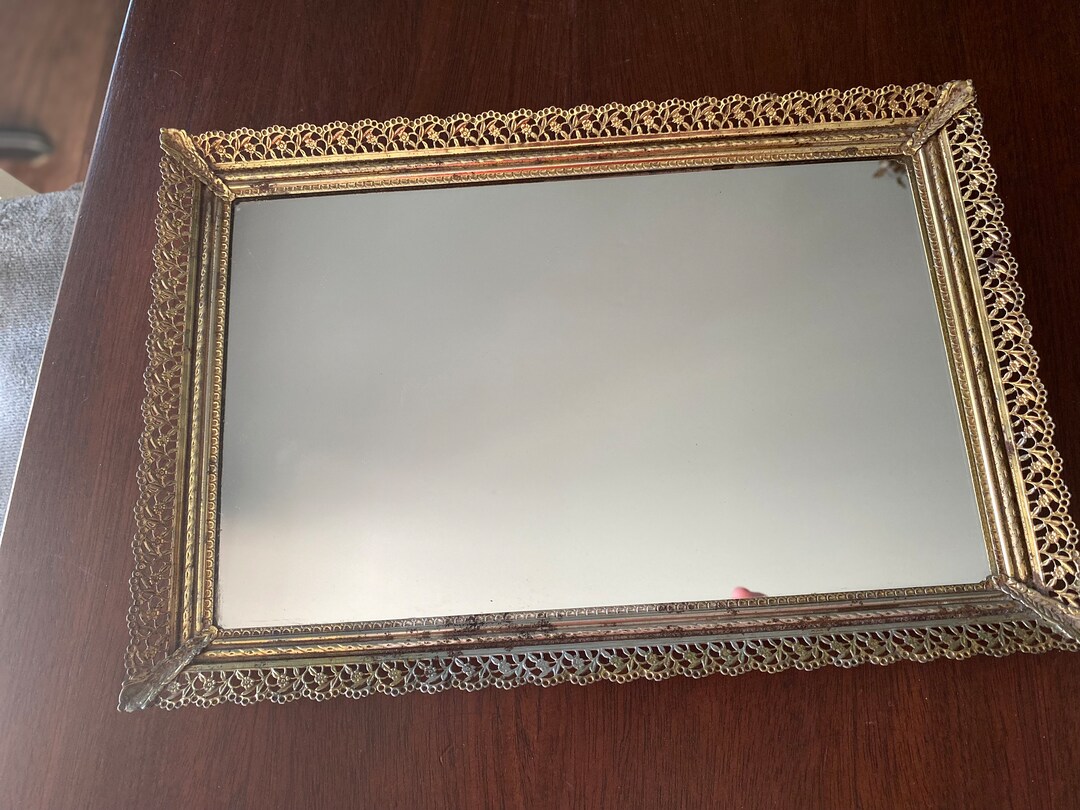 Vintage Mirrored Dresser Tray, Filigree Rectangle Mirror Tray, Mirrored