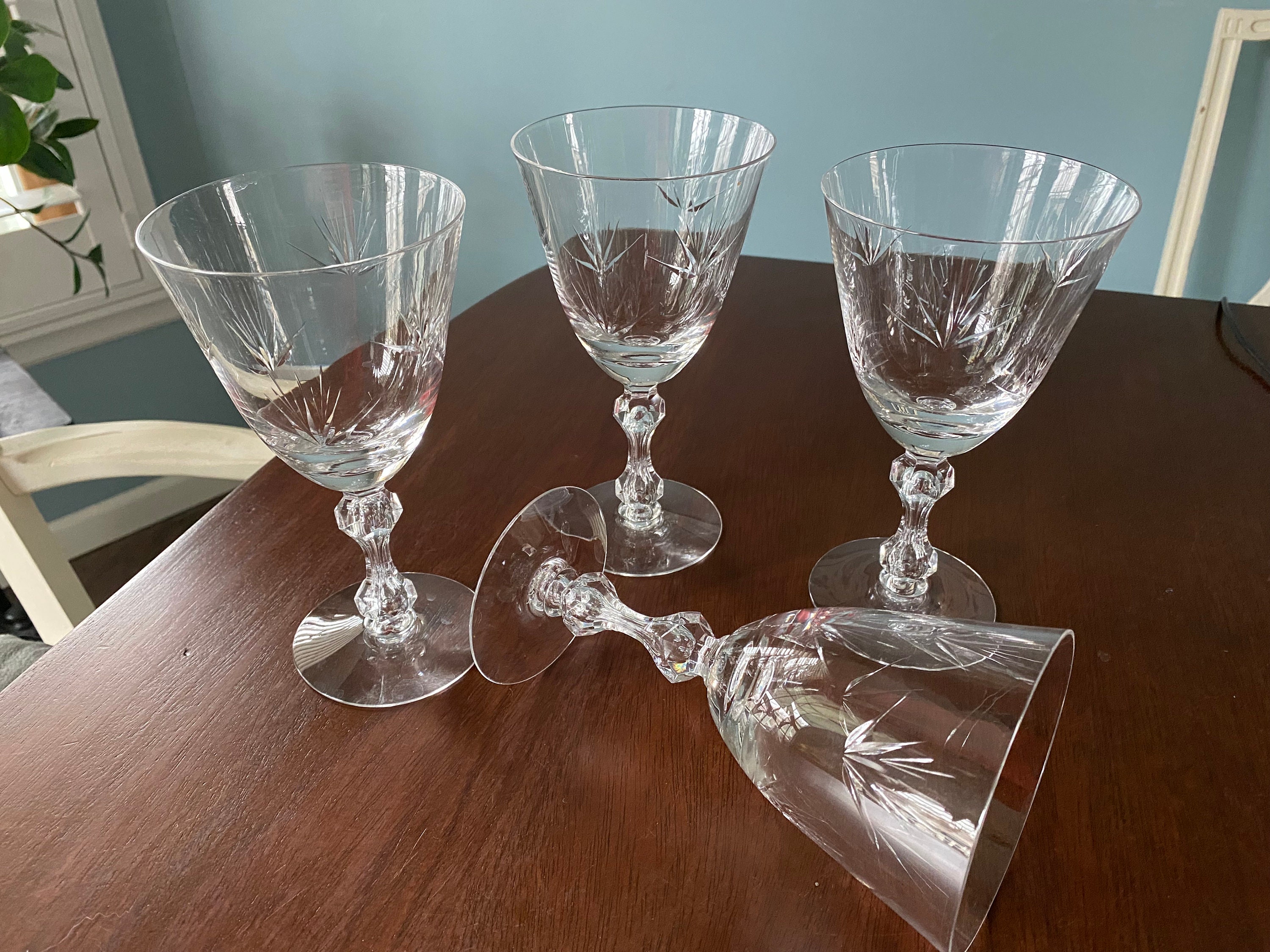 Crystal Glass France-Stamped Small Beveled Cut Wine Glasses Hexagon Stem  4oz