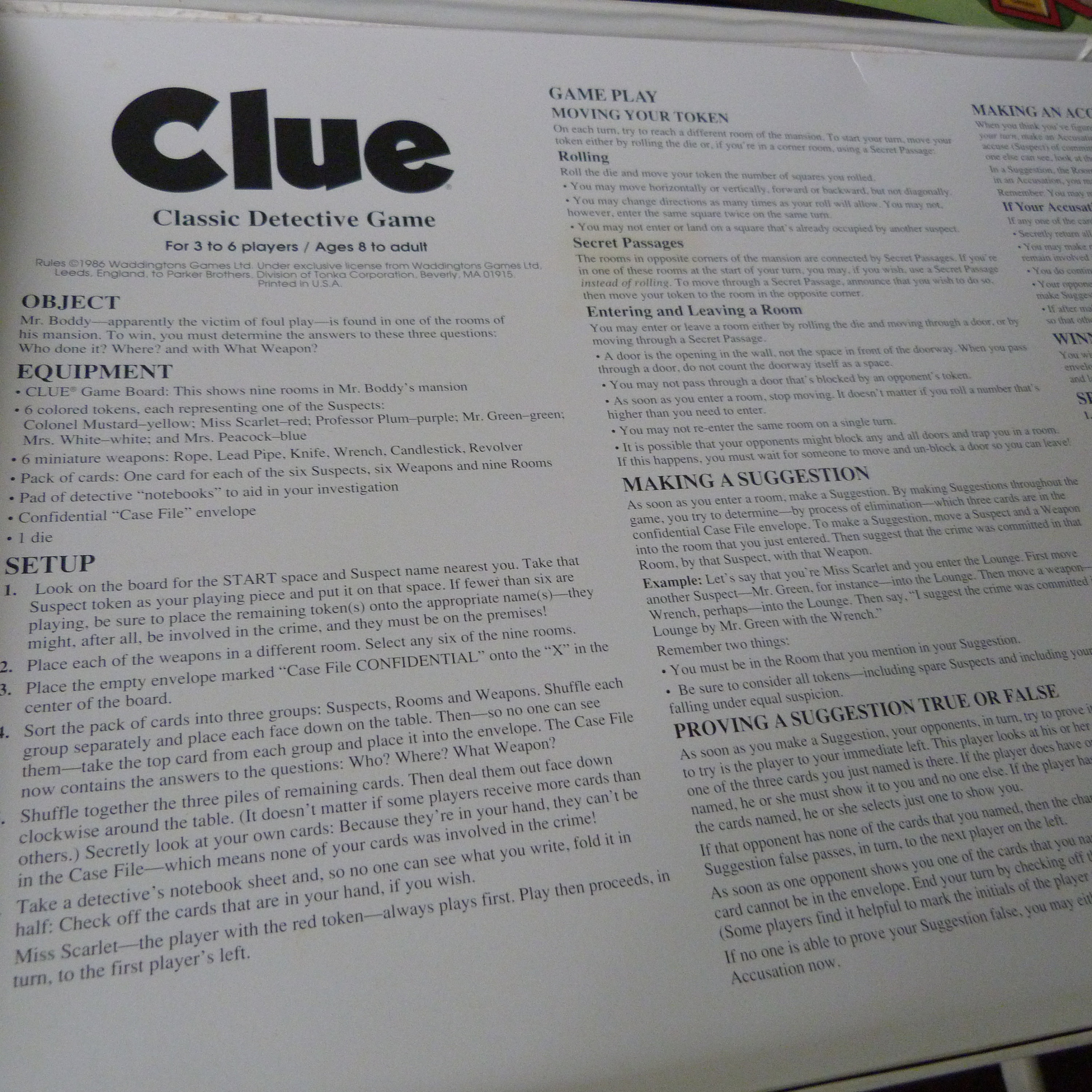 Clue Board Game Parker Brothers 1990 Clue Detective Game - Etsy