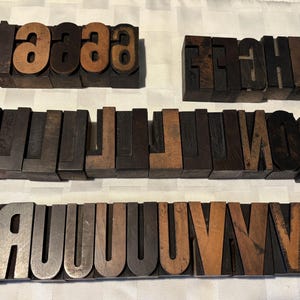 May include: A collection of vintage wooden letterpress printing blocks. The blocks are arranged in rows, displaying various letters in different fonts and sizes. The wood has a natural, aged appearance, with variations in color and grain.
