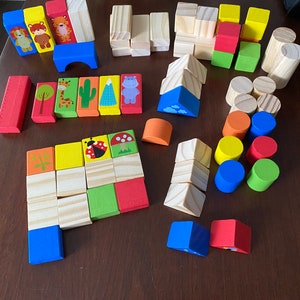 Vintage Colorful Wood Building Blocks - Over 60 Blocks, Colored and Natural Wood Building Blocks  #6612
