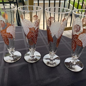 Vintage MCM Pilsner Beer Glasses - 16 oz Set of 4 or Set of 3 YOUR CHOICE, Pilsner Glasses with Brown Leaves, White Leaves, and Gold   #8641