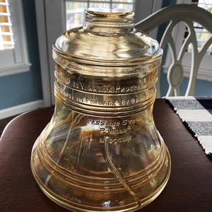 Koekjestrommel Liberty Bell, iriserend carnavalsglas, Bicentennial Bicentennial 1976, koekjestrommel Bartlett Collins #8294