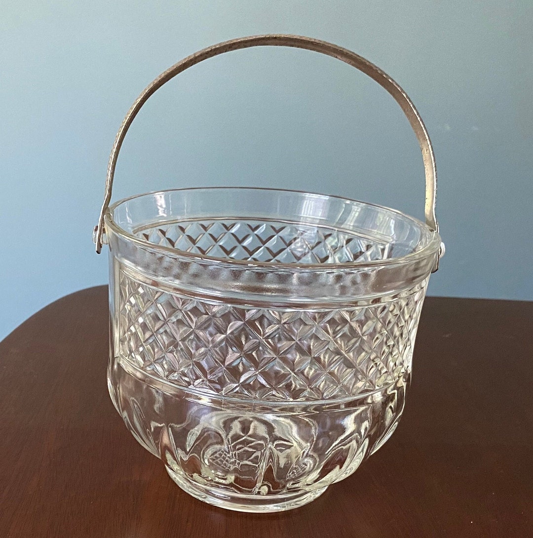 Vintage Pressed Glass Ice Bucket, Diamond Cut Glass Ice Bucket, Ice