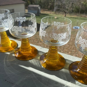 Vintage Boho Chic German Amber Crystal Wine Glasses With Beehive Stems -  Set of 4.