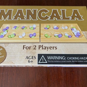 Mancala Game, Mancala Solid Wood Board Game with Glass Playing Pieces #7414