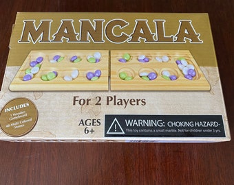 Mancala Game, Mancala Solid Wood Board Game with Glass Playing Pieces #7414