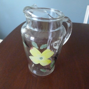 Vintage Glass Pitcher with Ice Lip, Hand Painted Glass Pitcher, Mid Century Floral Pitcher  #2493