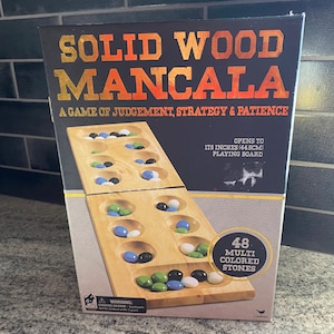 Mancala Game, Mancala Solid Wood Board Game with Glass Playing Pieces #7593