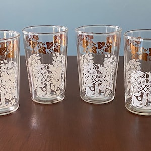 Vintage Bundesglas Becher 4er Set, Bund Glas weiß floral mit Goldrand # 7728