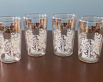 Vintage Federal Glass Tumblers Set of 4, Federal Glass White Floral with Gold Trim Tumblers  #7728