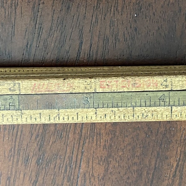 Vintage Folding Ruler with Brass Slide Rule, Carpenters Slide Rule Carpenters Wood Rule, Linesman, Tradesman  #7346