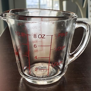 Vintage Fire King #496 1 Cup Measuring Cup / Red Print Closed &quot;D&quot; Handle Measuring Cup #8402