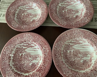 Vintage English Ironstone Tableware, English Castles, Castles Soup Bowls, Red Stoneware Castles, Red Castles Ironstone Set of 4   #7196