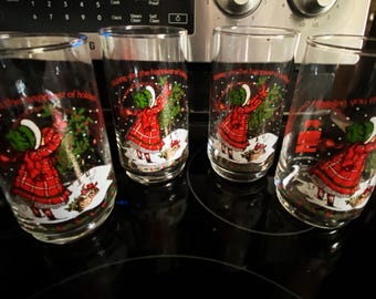 Vintage Holly Hobbie Christmas Glasses, Holly Hobbie Tumblers Set of 4, Picking Christmas Holly Glasses, Wishing You the Happiest    #8062