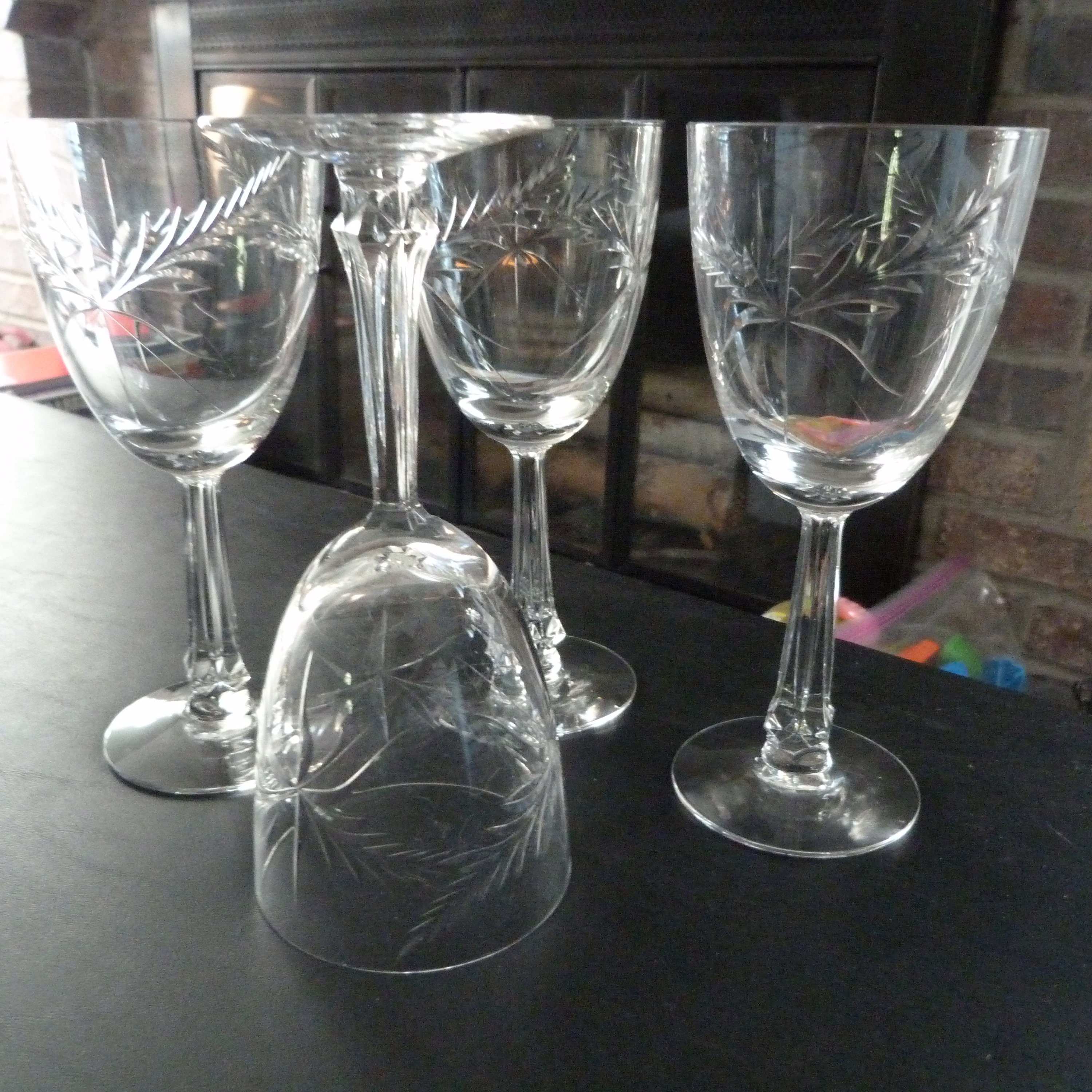 Vintage Etched CRYSTAL Wine Glasses, Set of 5, 4 oz Round Crystal
